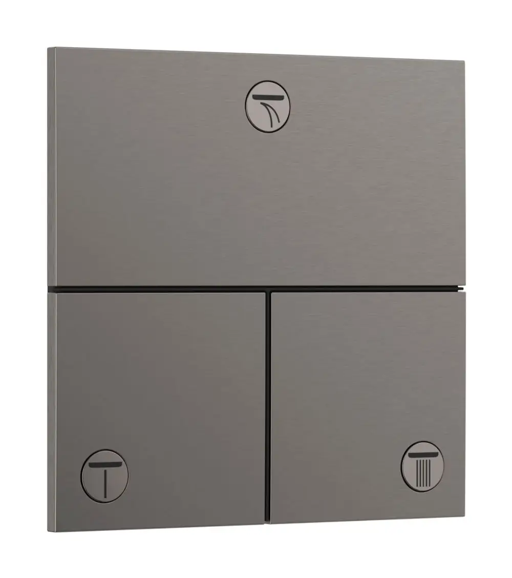 Hansgrohe Bedienfeld mit drei schaltbaren Bereichen in gebürstetem Schwarzchrom. Enthält Symbole für Wasserfluss, Temperatur und eine Müllentsorgung.